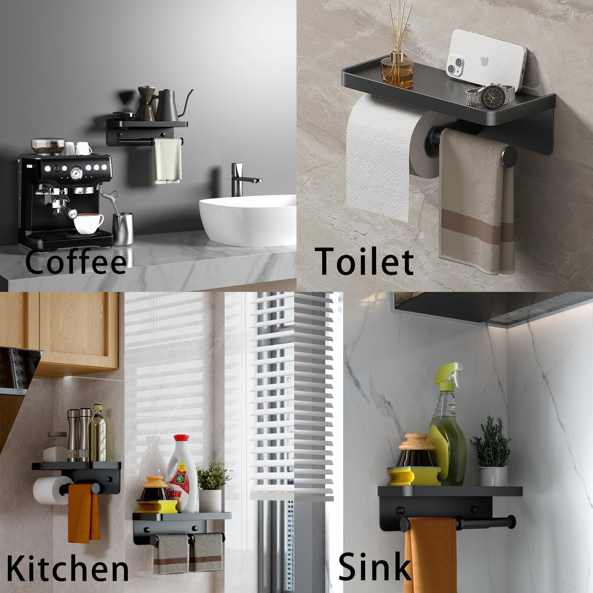 iMonse double toilet paper holder with shelf, side view, shows sturdy matte black durability for any room.