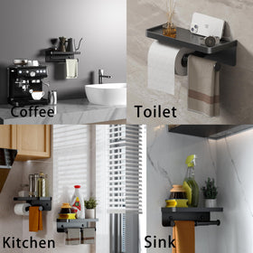 iMonse double toilet paper holder with shelf, side view, shows sturdy matte black durability for any room.