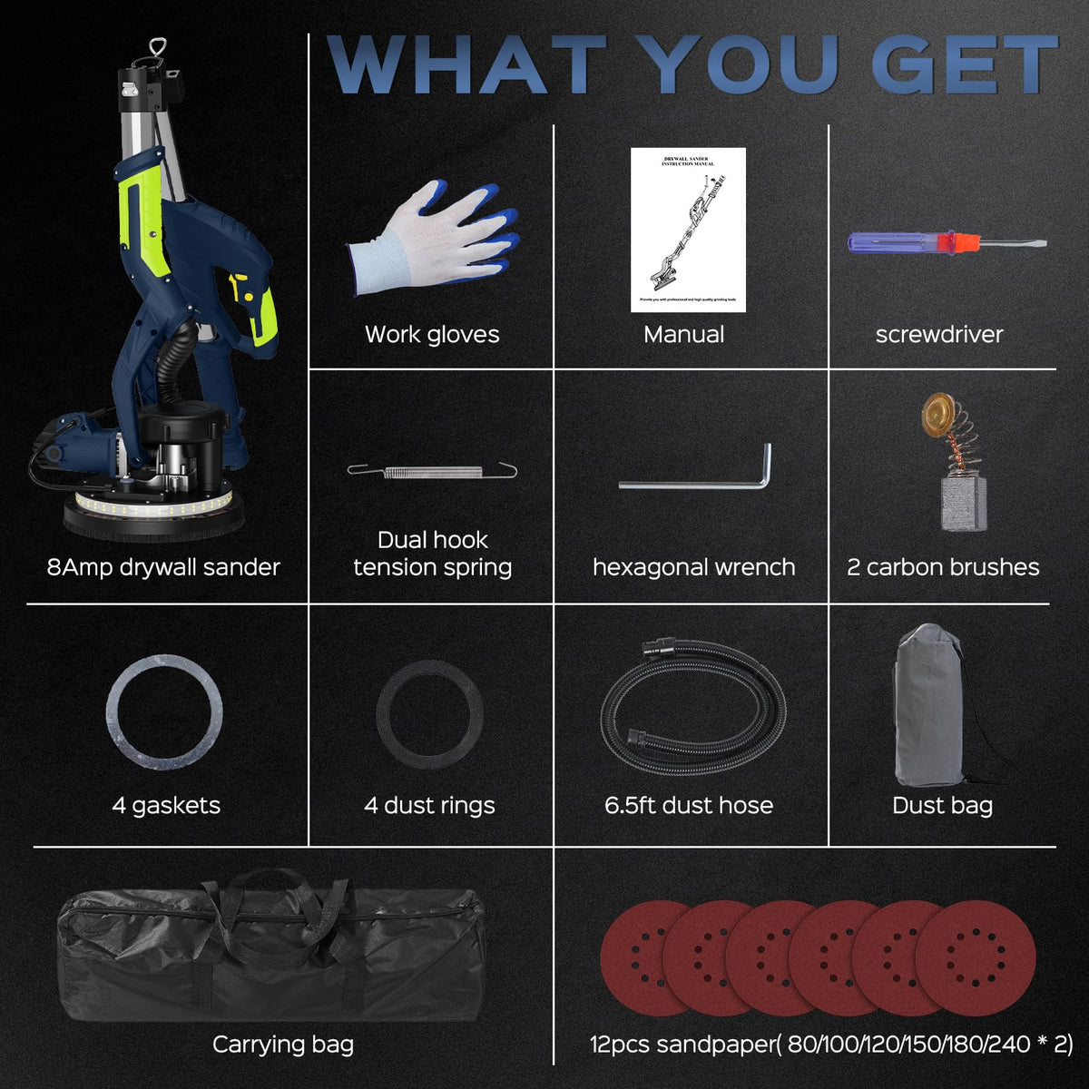 IMQUALI complete kit includes sander, hoses, bag, and discs for a full setup.