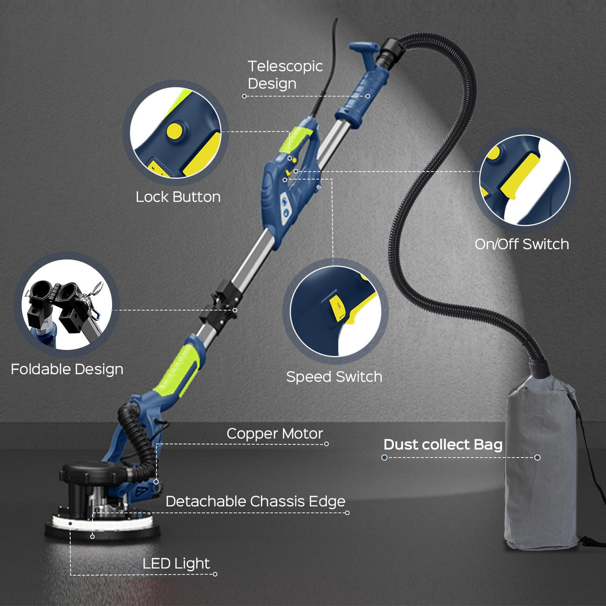 IMQUALI sander showing built-in vacuum system for cleaner sanding.