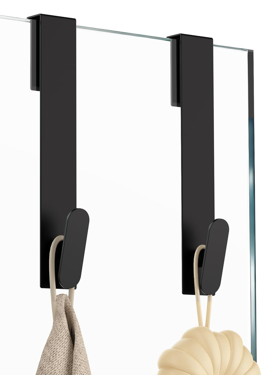 IMUMU 8-inch black shower door hook over frameless glass holds towels securely.