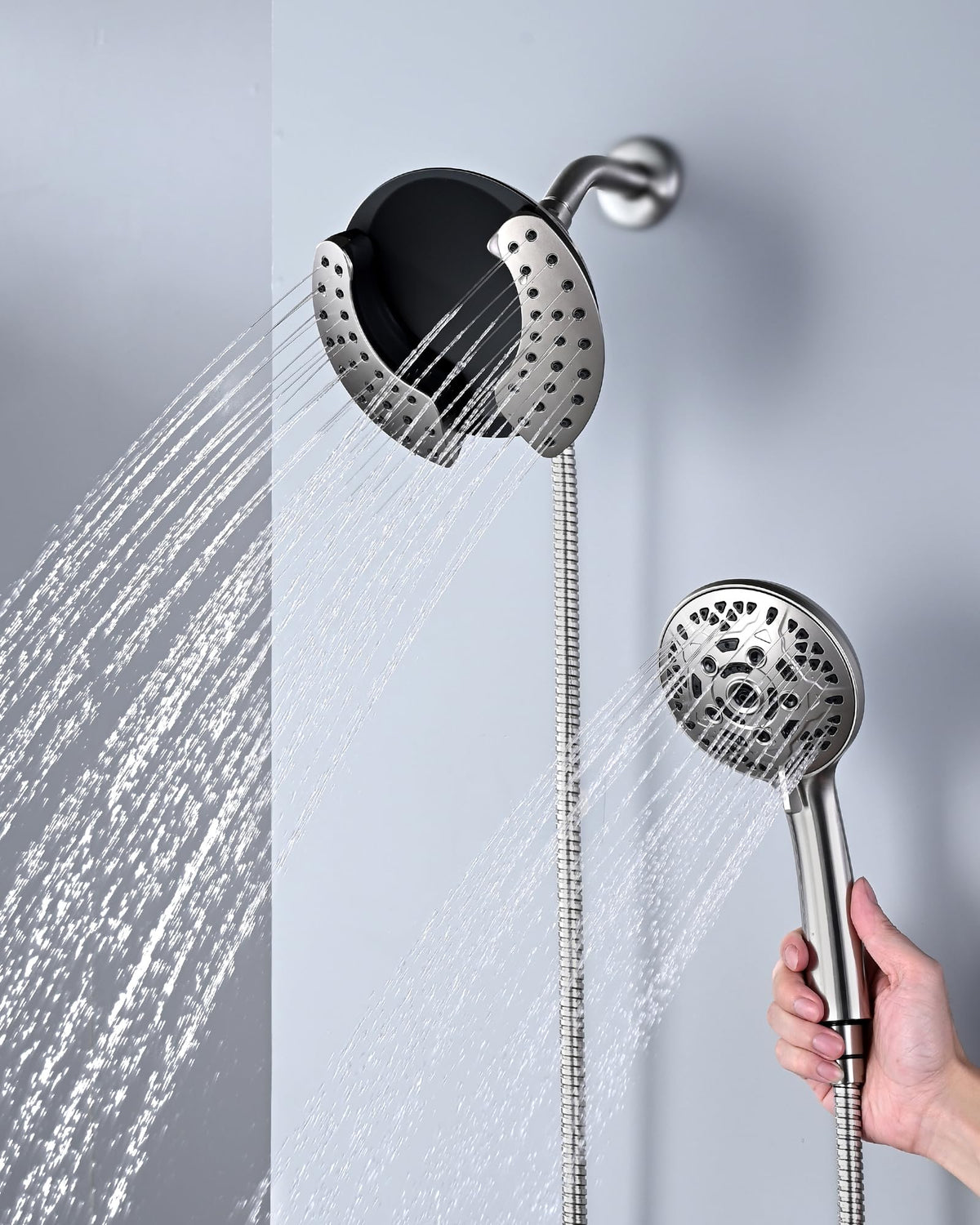 INAVAMZ handheld shower head with 60-inch hose provides flexible cleaning.
