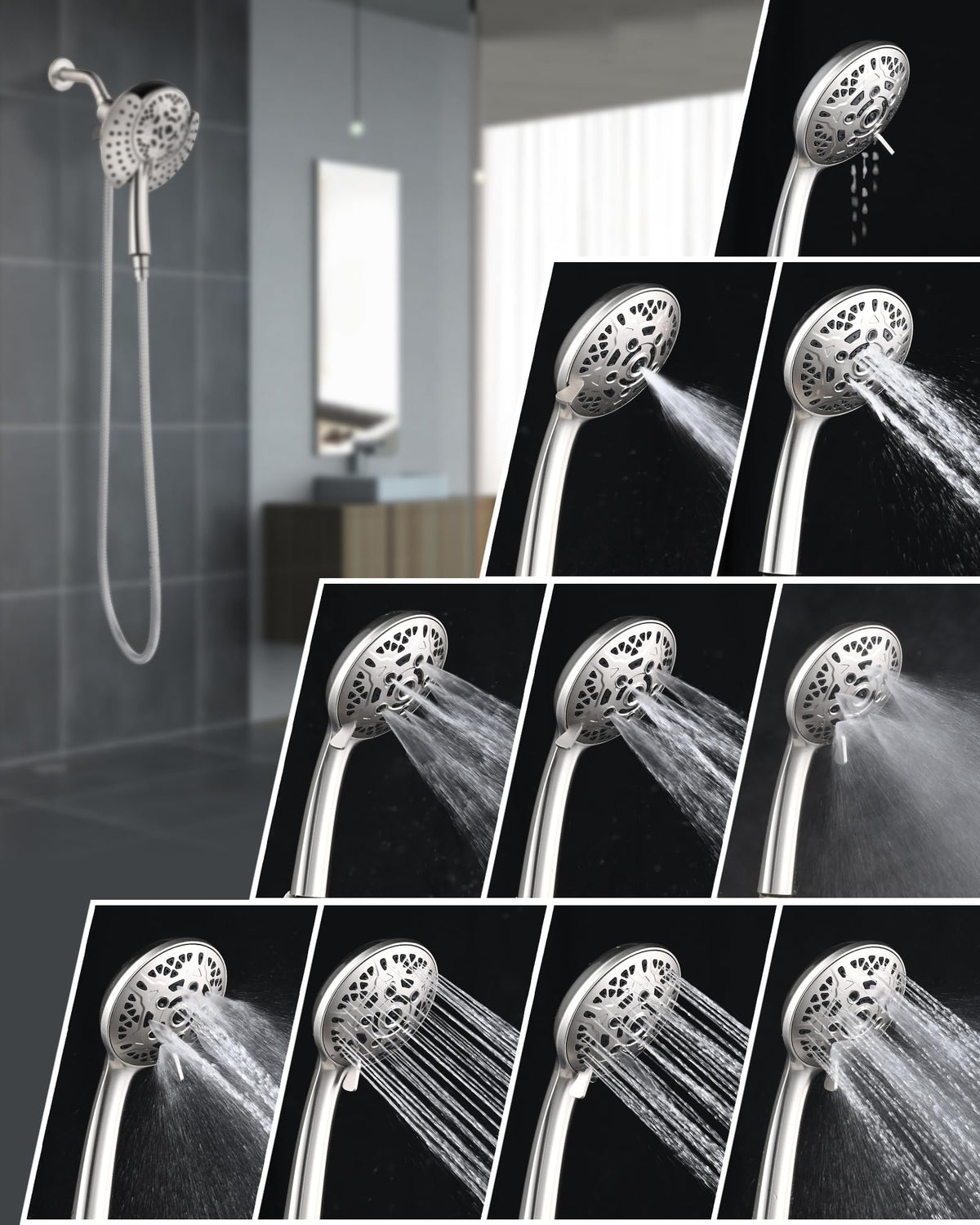 INAVAMZ nickel-finish shower head resists water stains for a bright bathroom.
