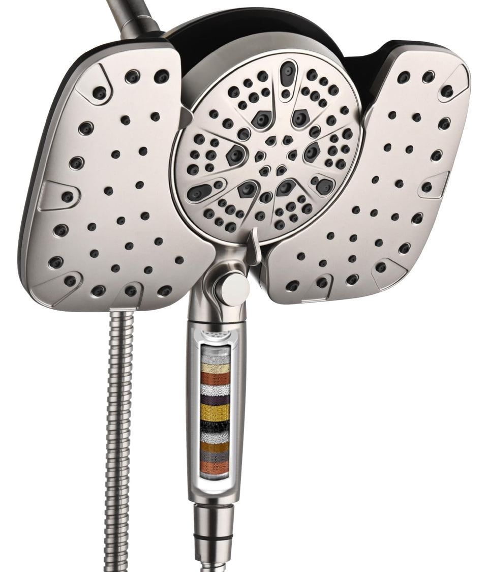 INAVAMZ nickel 2.5GPM dual shower head with handheld assembly, versatile spa-style showers.