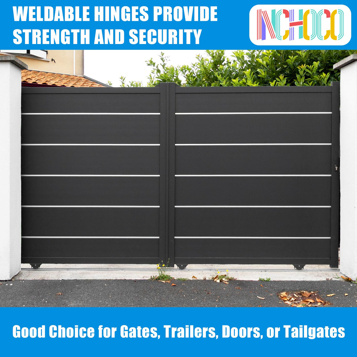 Inchoco butterfly hinge close-up highlights 5mm thickness and robust weldable construction.