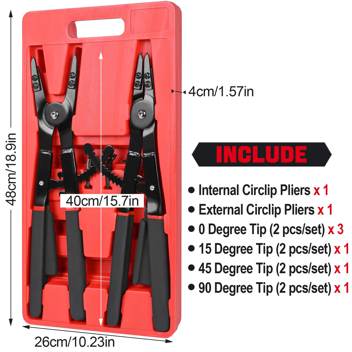 Inchoco circlip pliers showing 45° and 90° tips for tight spaces