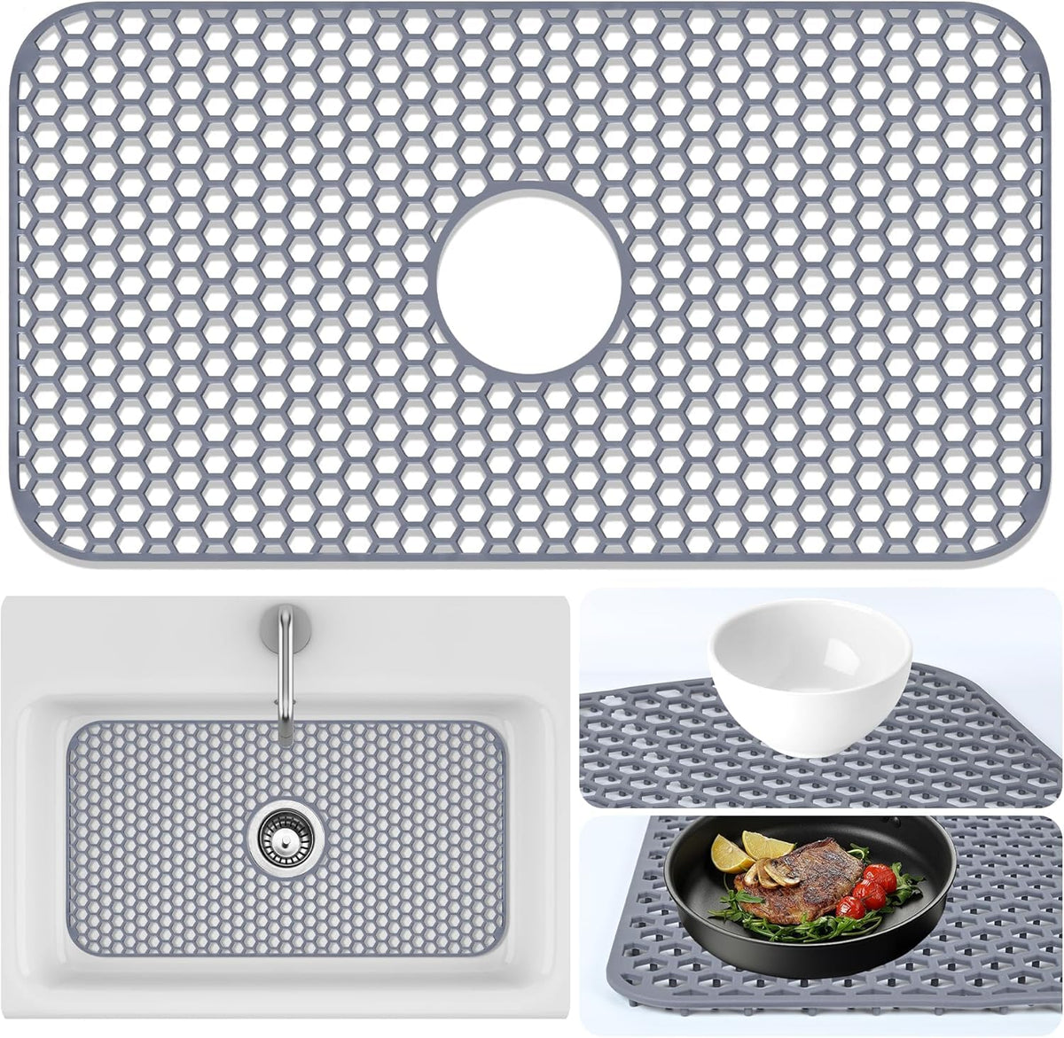 Inchoco Sink Protectors Mat with center drain keeps countertops dry after washing