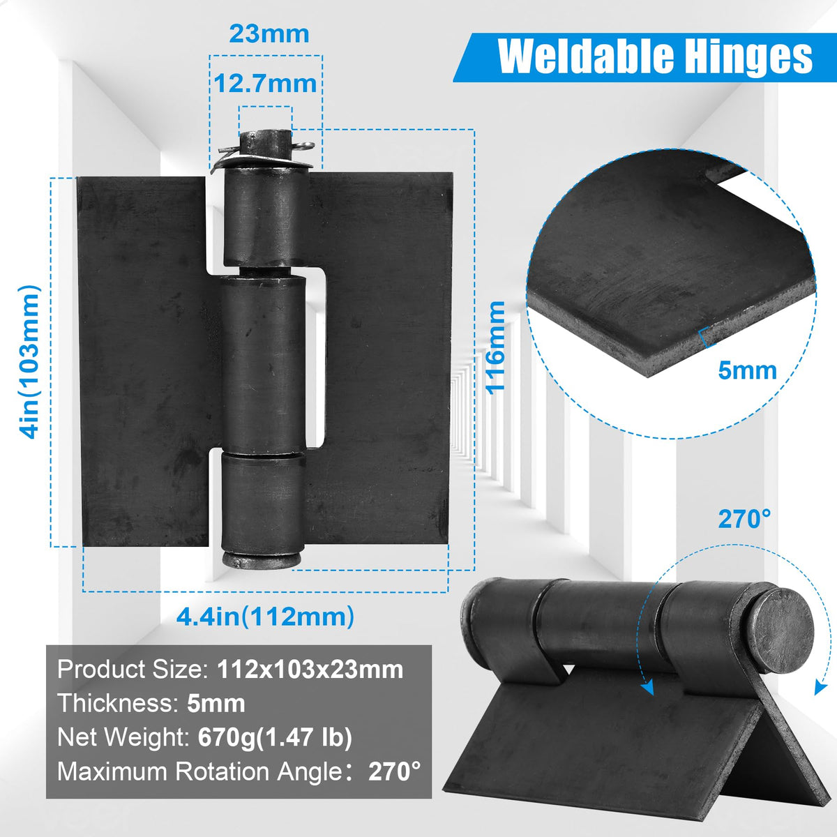 Inchoco solid steel butterfly hinges provide 270-degree swing for versatile gate and door applications.