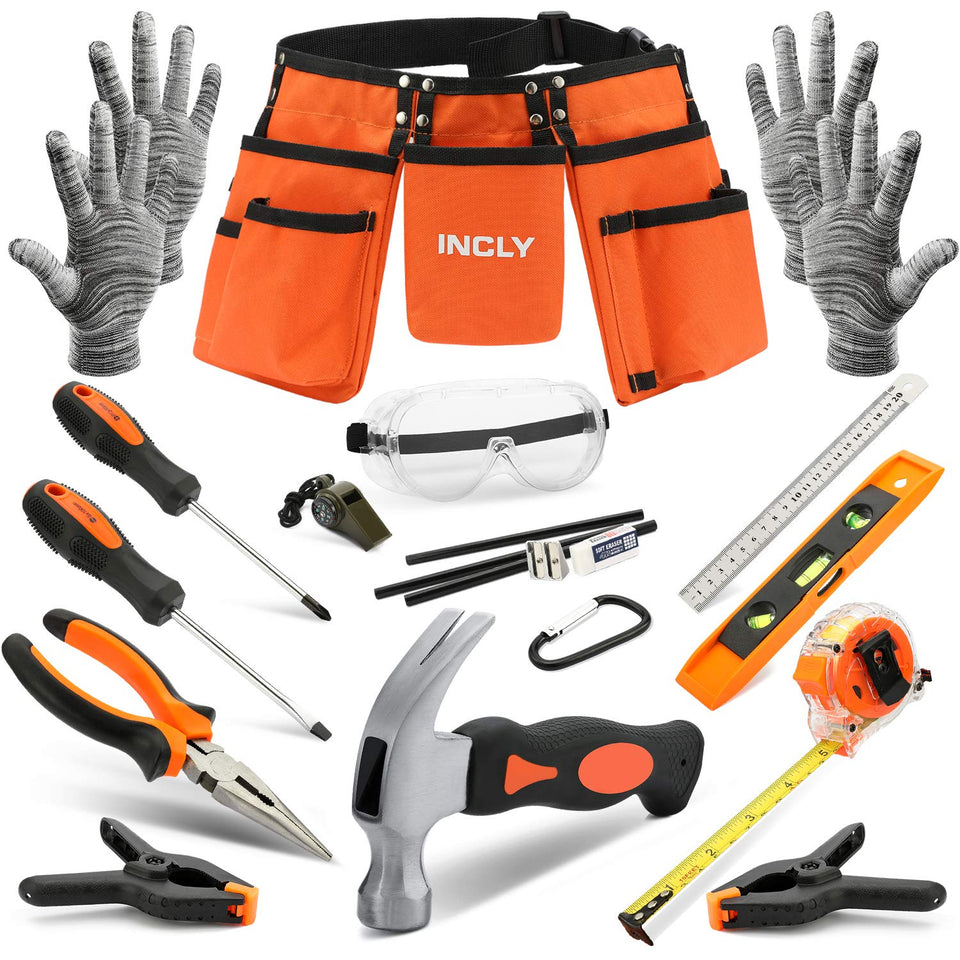 INCLY 18pcs kids tool set with belt for budding builders, ready for projects.
