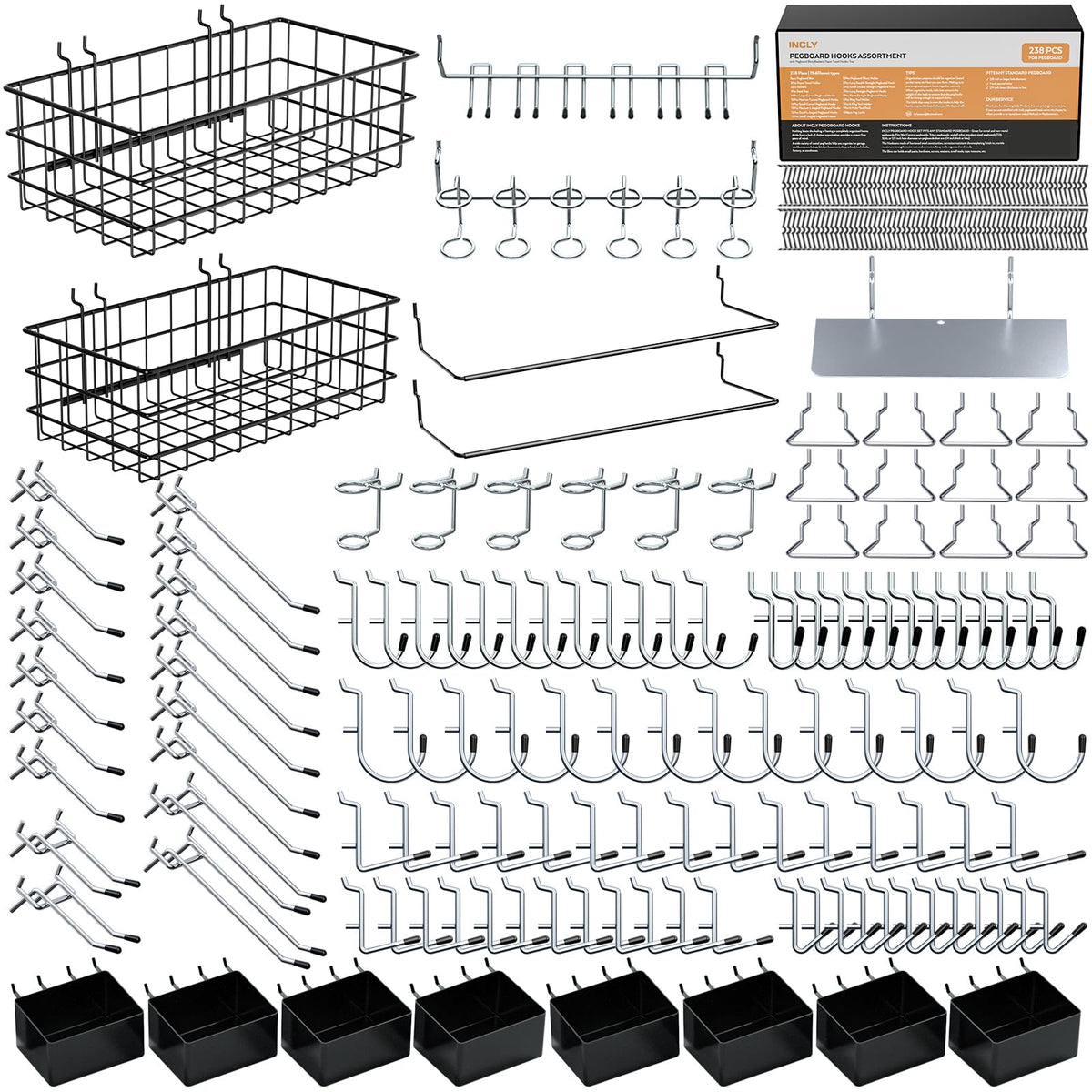 INCLY 238pcs pegboard kit front view for organized garage storage