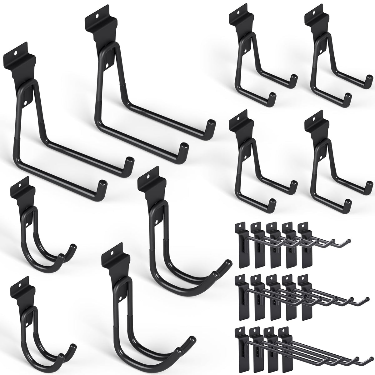 INCLY 24-pack heavy duty slatwall hooks on a panel for sturdy garage organization