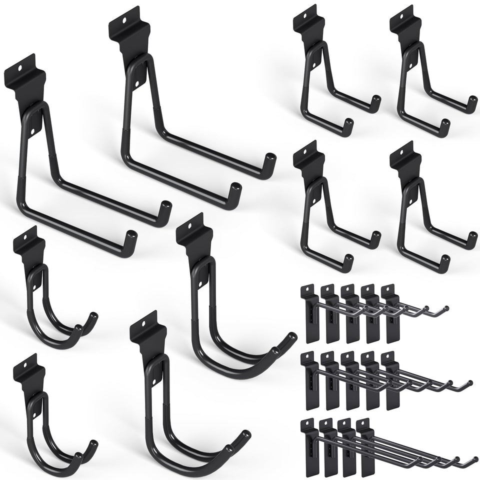 INCLY 24-pack heavy duty slatwall hooks on a panel for sturdy garage organization
