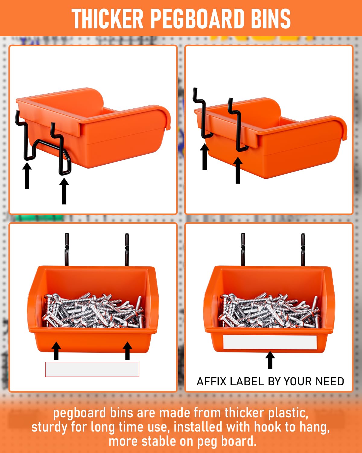INCLY orange pegboard bins provide visible storage for small parts and fast gripping.
