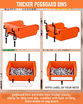 INCLY orange pegboard bins provide visible storage for small parts and fast gripping.