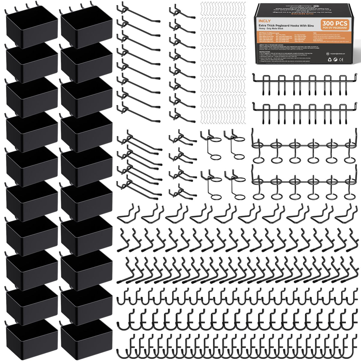 INCLY 300-piece pegboard kit with sturdy hooks and bins for organization