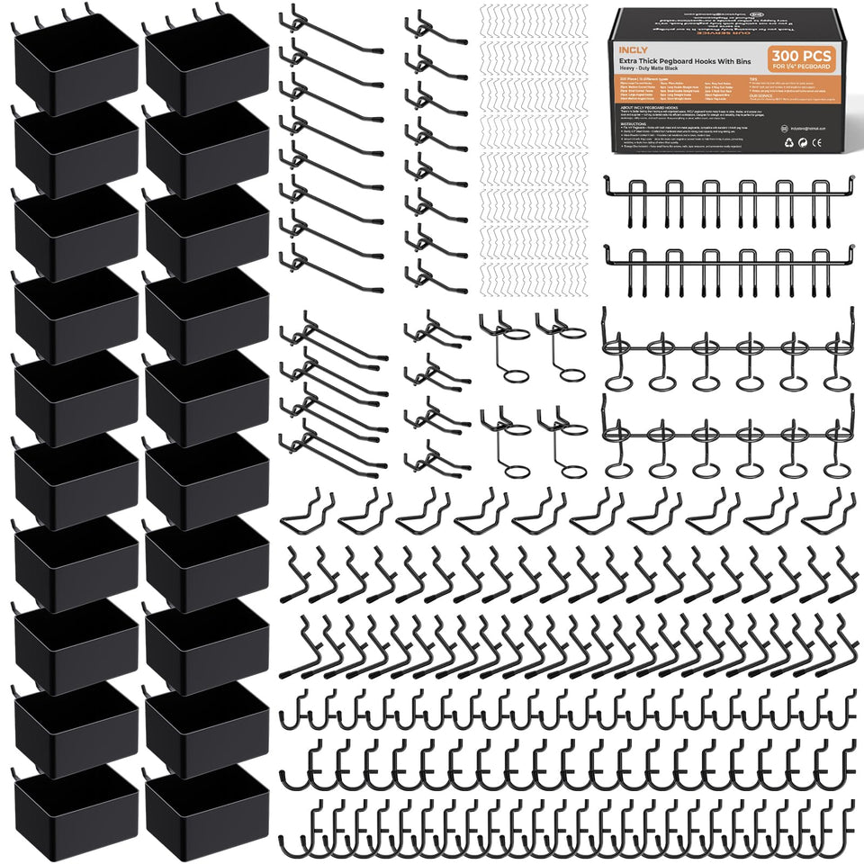 INCLY 300-piece pegboard kit with sturdy hooks and bins for organization
