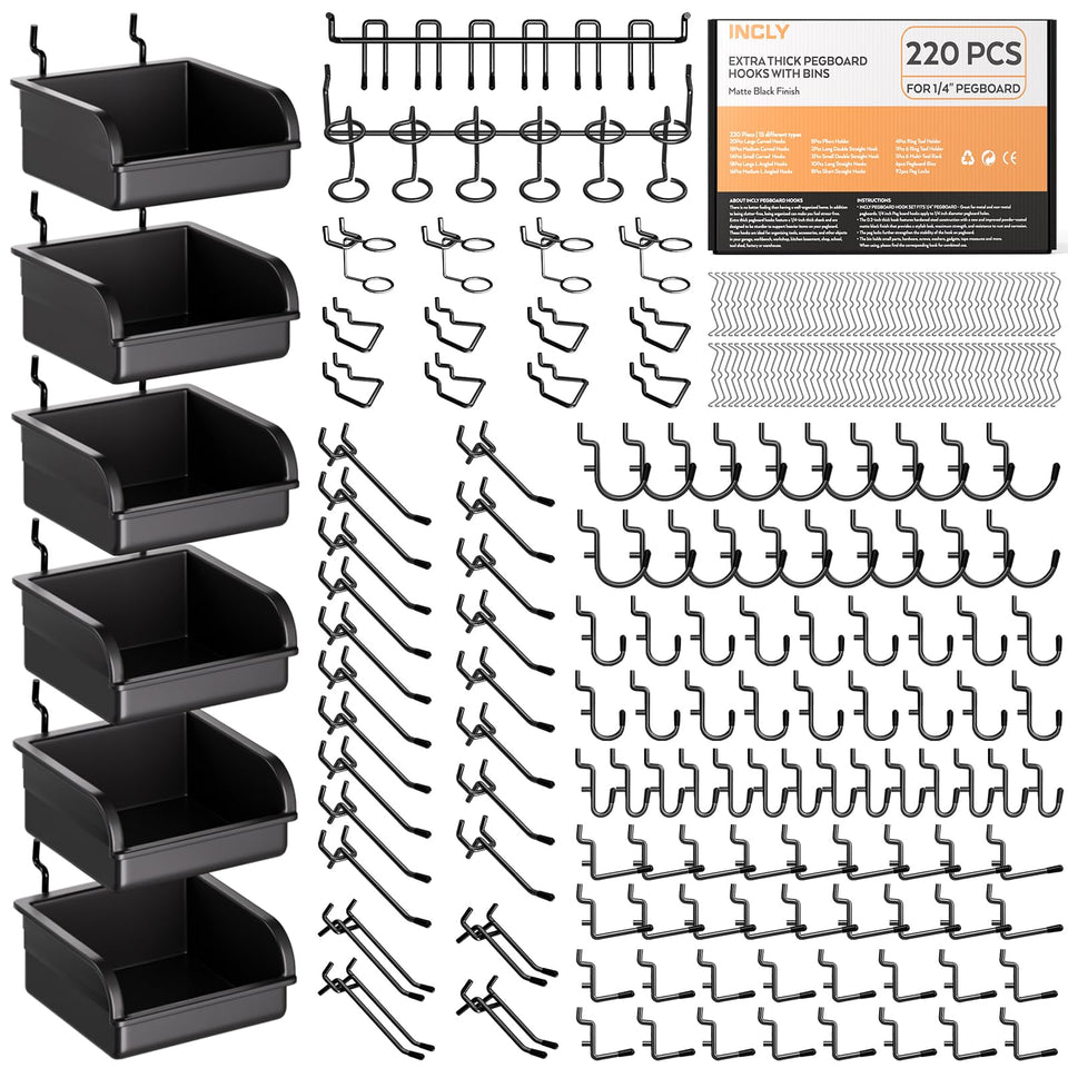 INCLY pegboard accessories kit with hooks and bins for organized workspace
