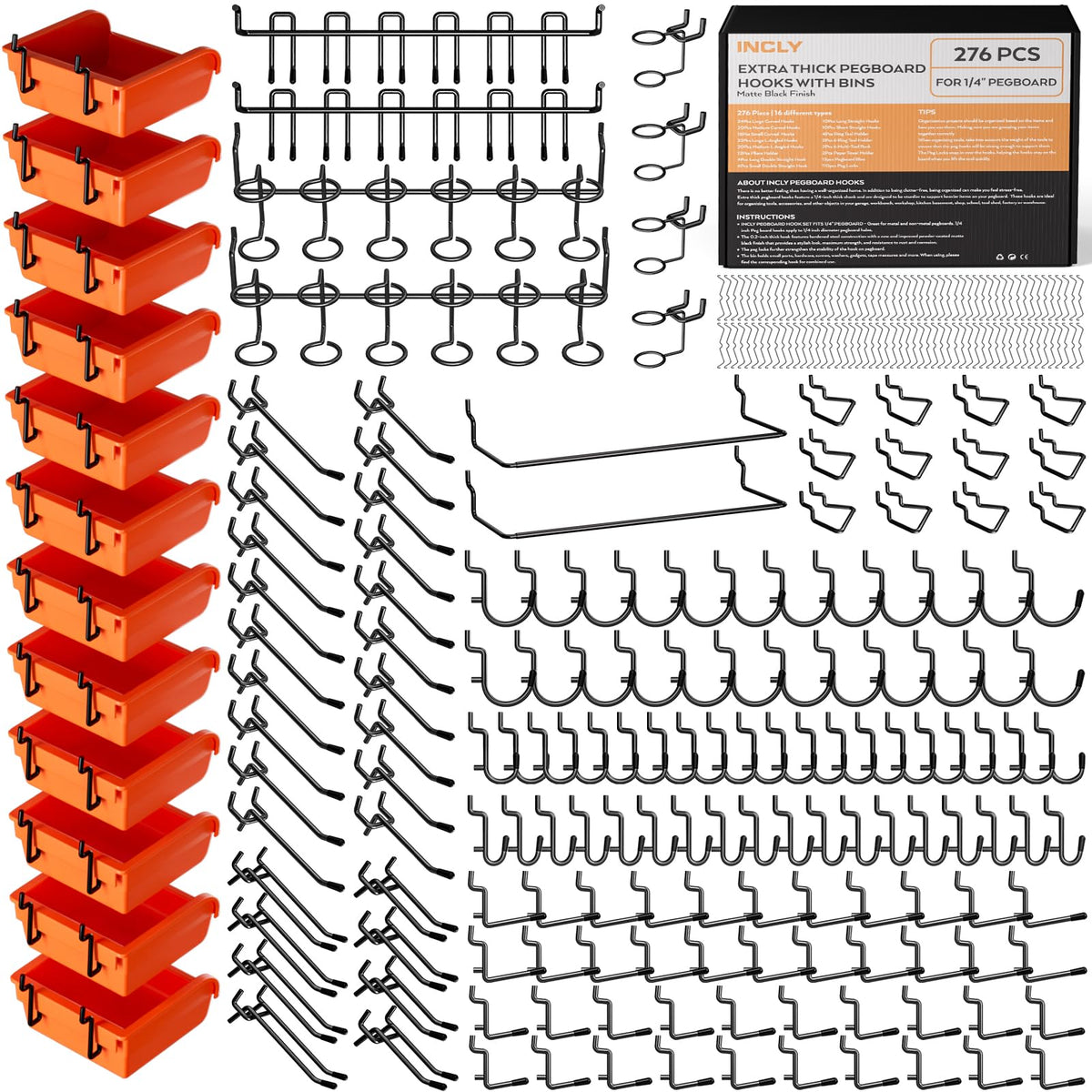 INCLY pegboard bin hooks for organized tool storage and quick access.
