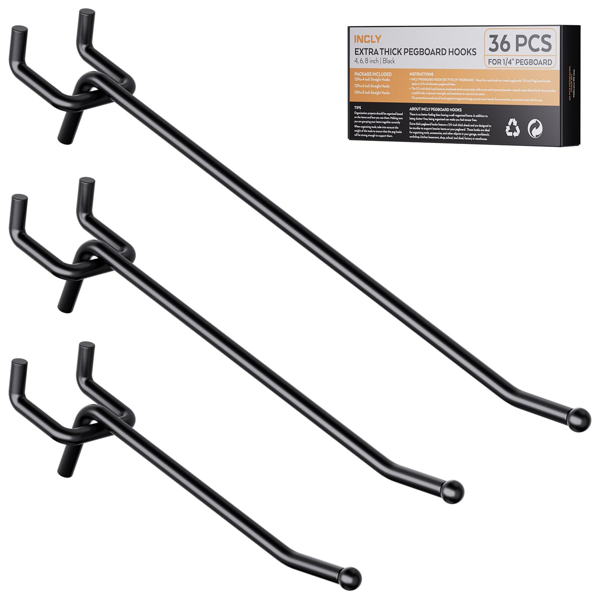 INCLY 4-inch pegboard hook shows strong L-shape stability for garage organization.