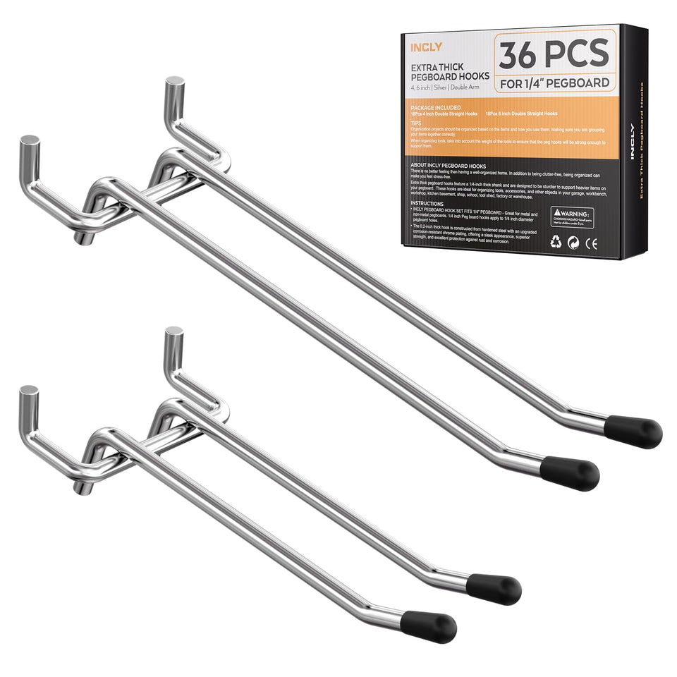 INCLY double-arm 4-inch pegboard hook provides solid tool hanging support.