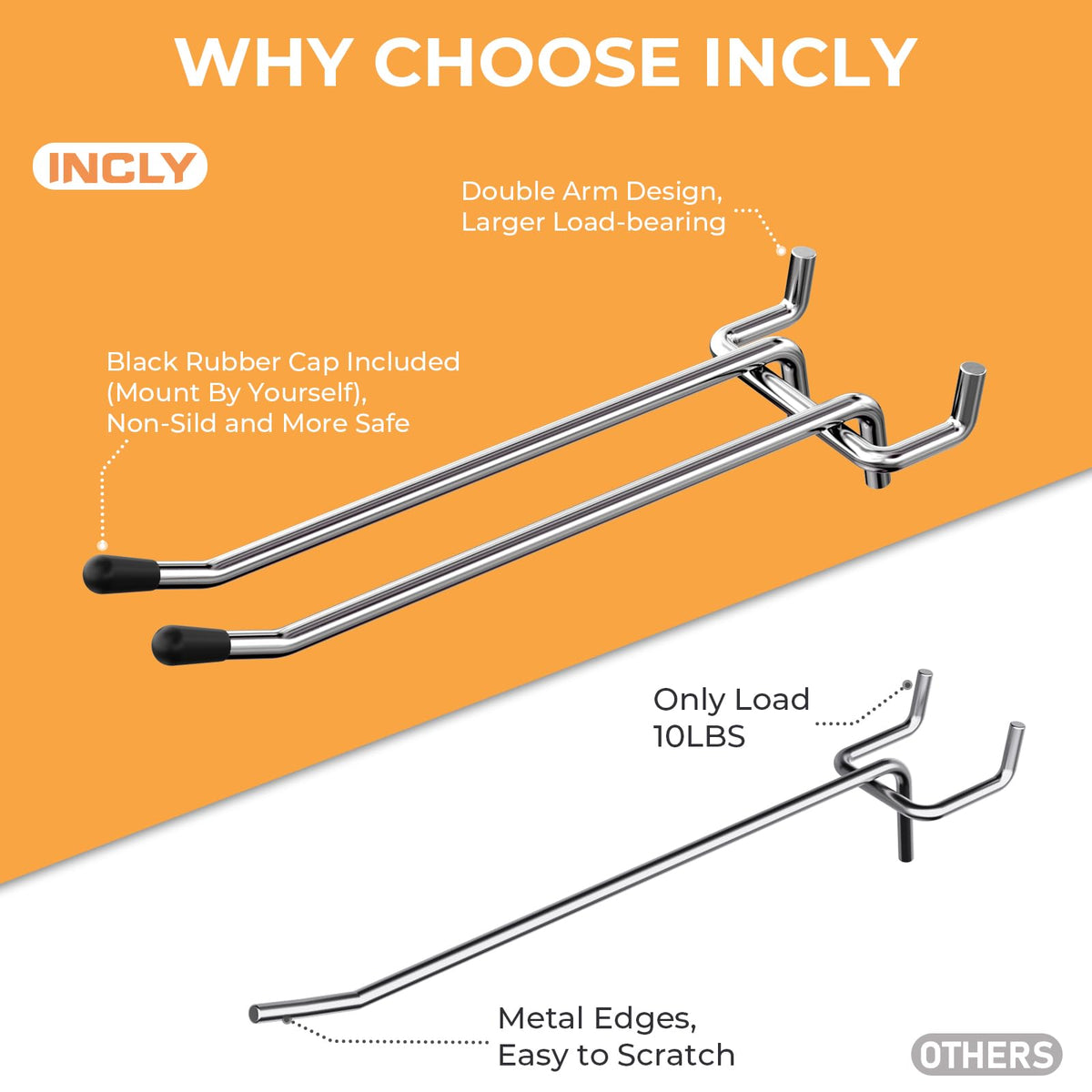 INCLY 6-inch double-arm pegboard hook for larger tools and durability.