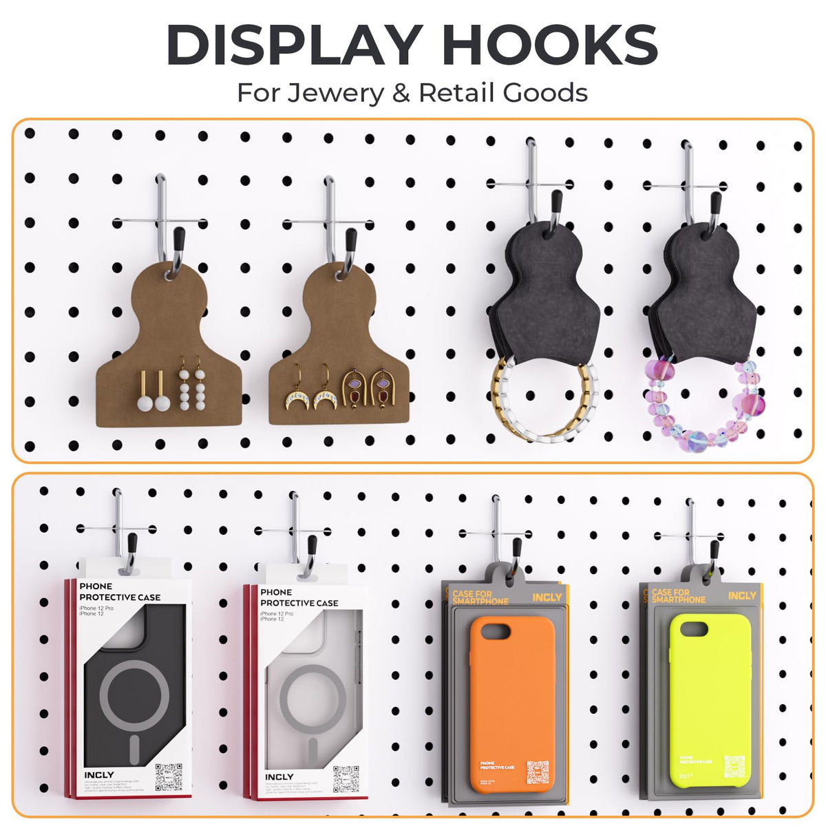 INCLY J-shaped pegboard hooks for reliable hanging of jewelry and gear
