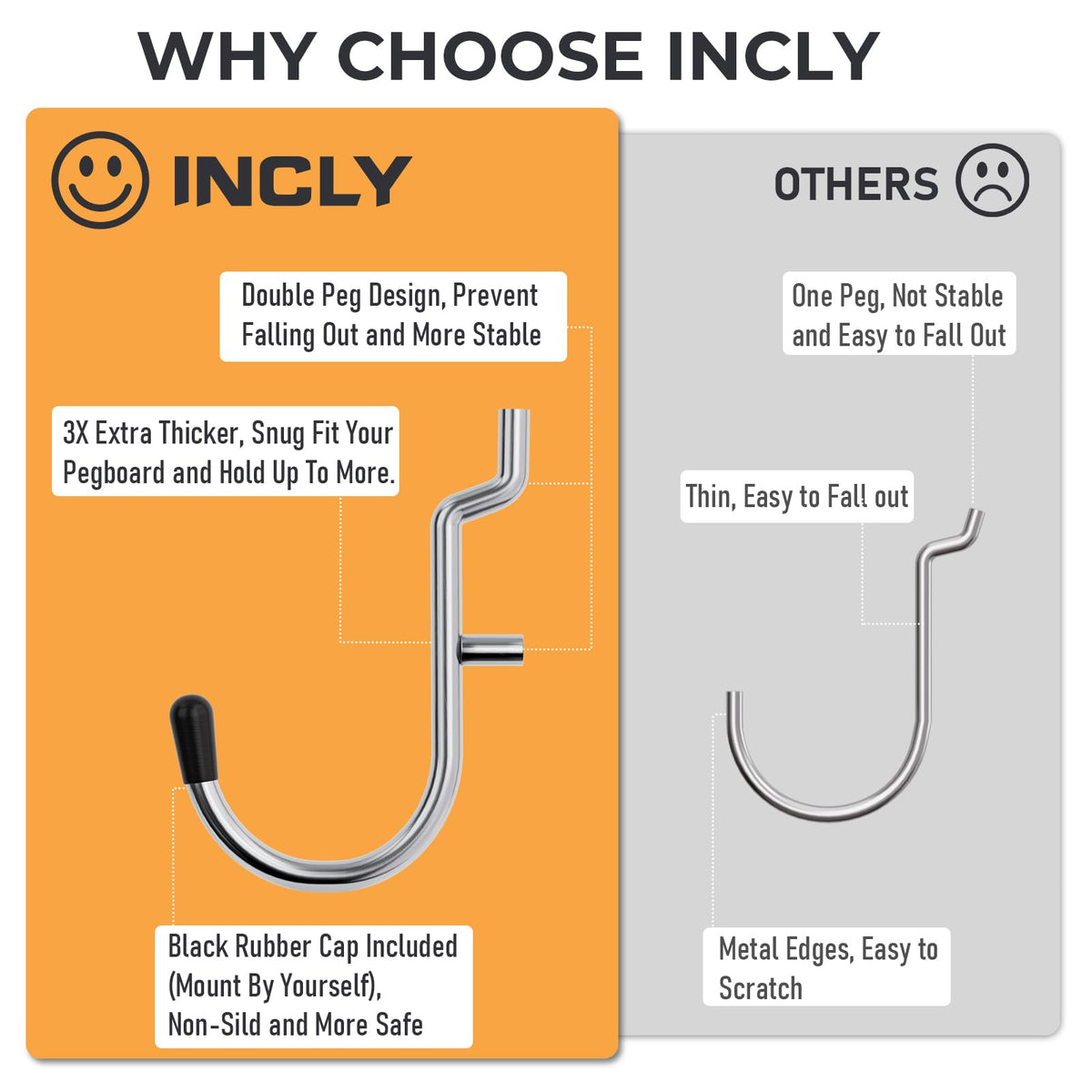 INCLY rubber-tipped pegboard hooks protect surfaces during use