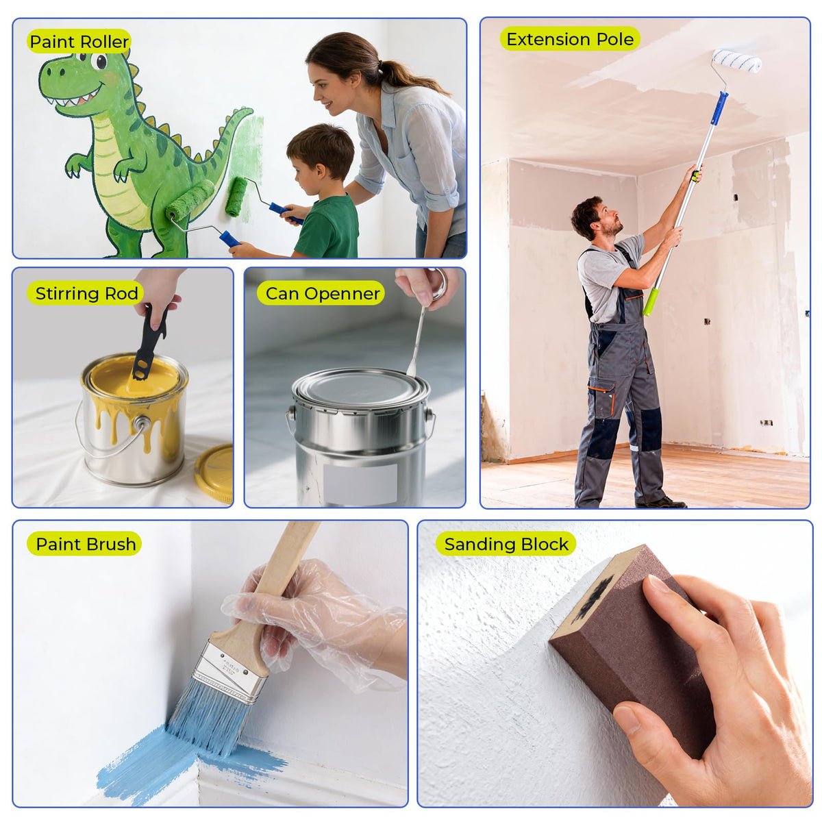 INCLY scraper, sanding block, and stirring rod support prep and smooth surfaces.