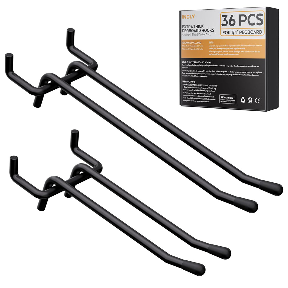 INCLY 4-inch double-arm pegboard hooks secure tools on a pegboard