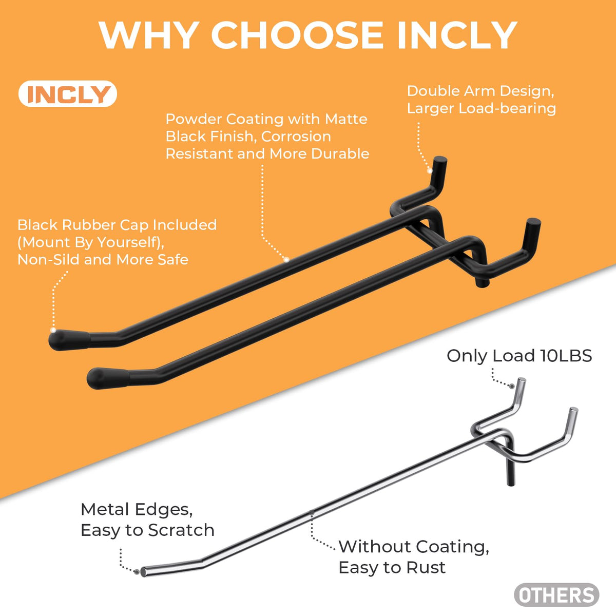 INCLY 6-inch double-arm pegboard hooks support heavier items and stable storage