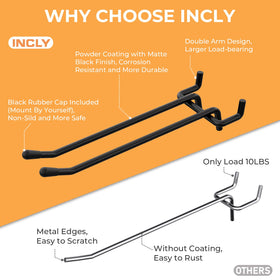 INCLY 6-inch double-arm pegboard hooks support heavier items and stable storage