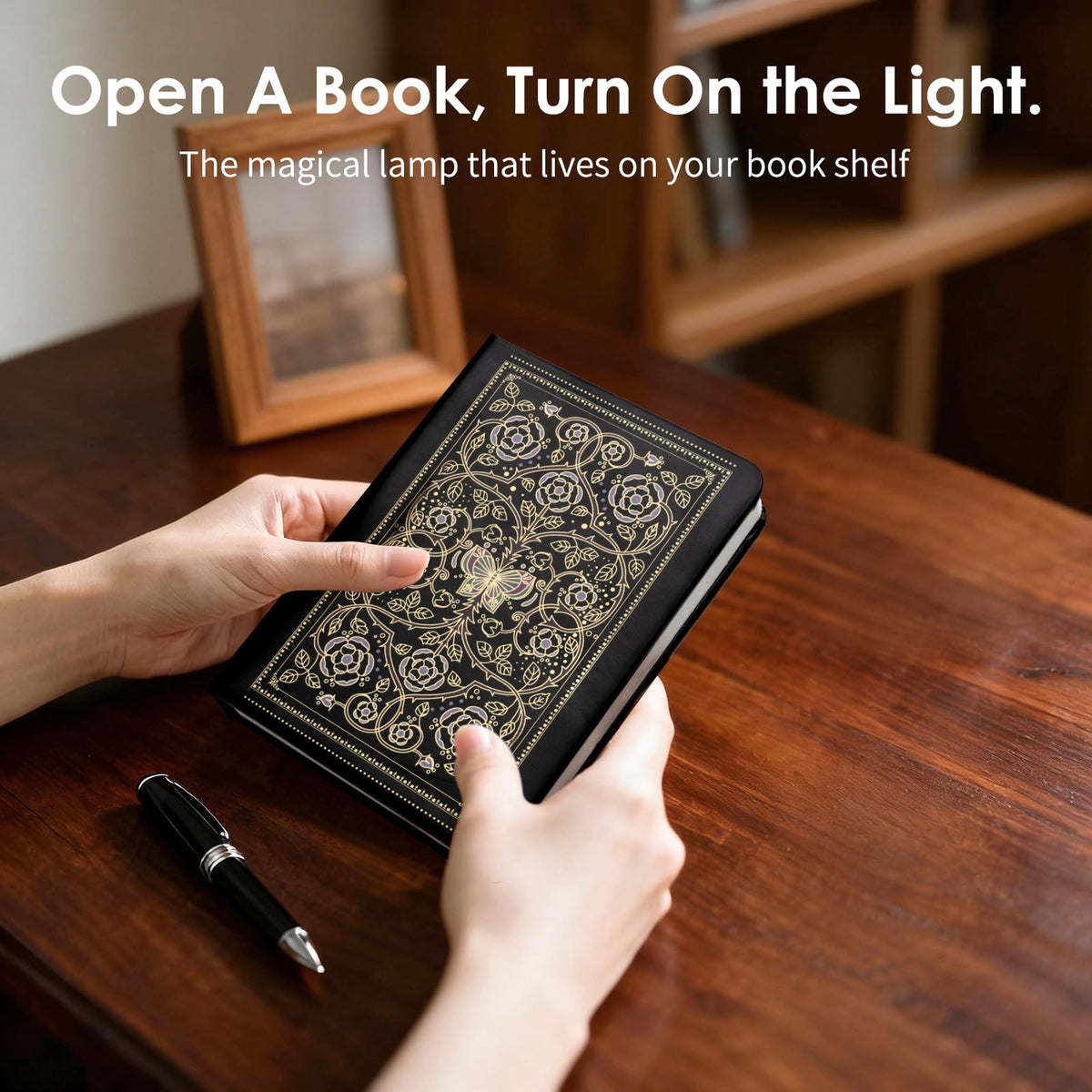Incolumitas book lamp on a shelf highlights favorite titles.