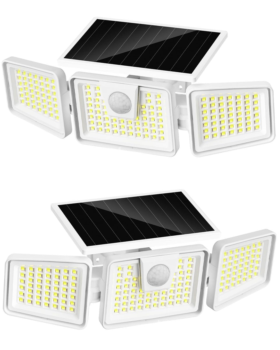 INCX 156 LED solar motion lights outdoors with 3 heads for wide, bright coverage.
