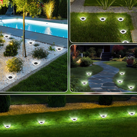 Lights line a garden pathway providing safe night illumination.