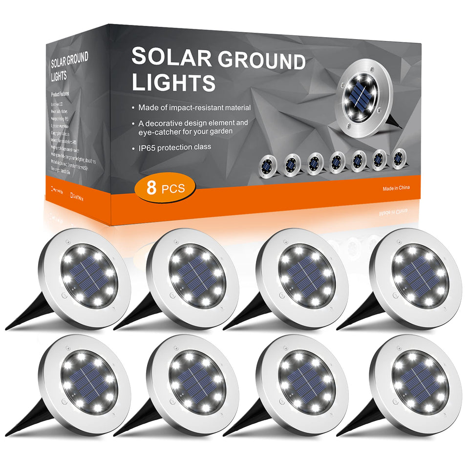 INCX outdoor solar light with 8 LEDs for patio and pathway illumination.