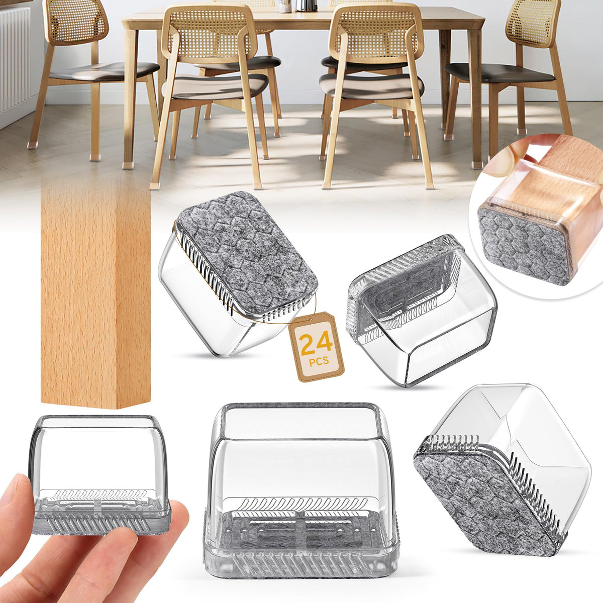 INDEMO 24pcs rectangular chair leg protectors shield hardwood floors