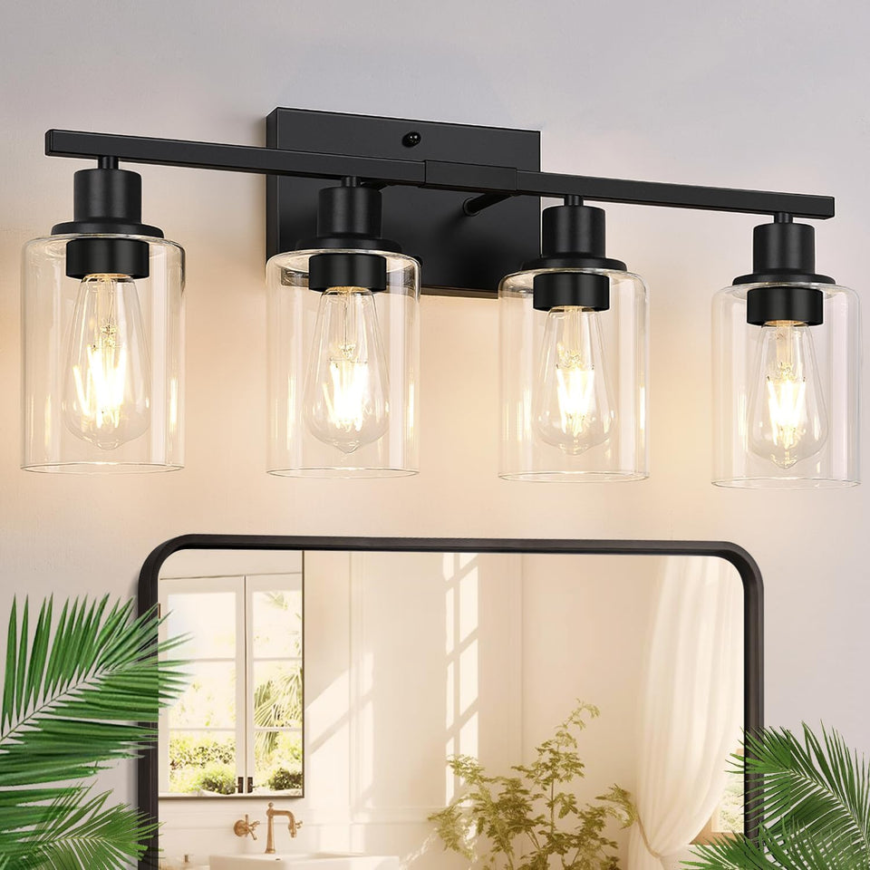 Indoi 4-light bathroom fixture in matte black with clear shades for a modern look