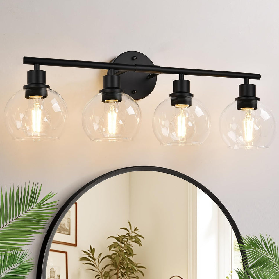 Indoi 4-light bathroom fixture with matte black frame over mirror enhances vanity lighting.