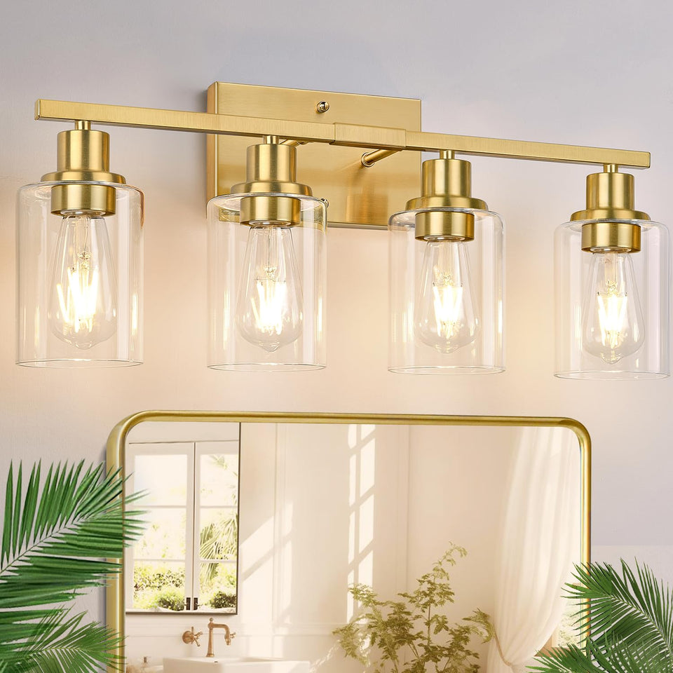 Indoi 4-Light vanity lights with clear glass shades for a bright bathroom upgrade.