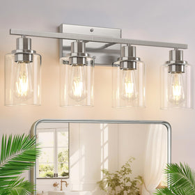 Indoi 4-Light brushed nickel bathroom light with clear glass shades over a modern vanity