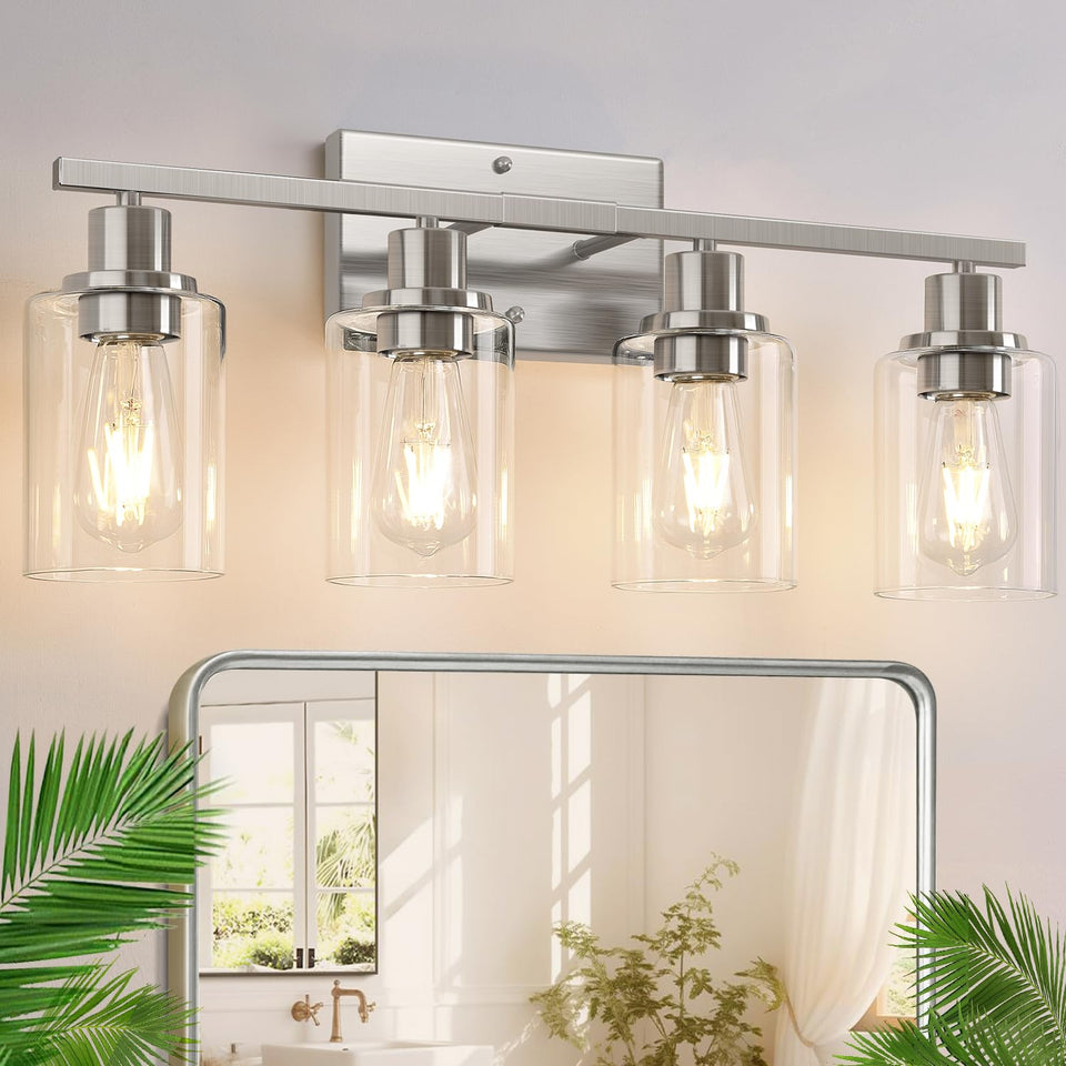 Indoi 4-Light brushed nickel bathroom light with clear glass shades over a modern vanity