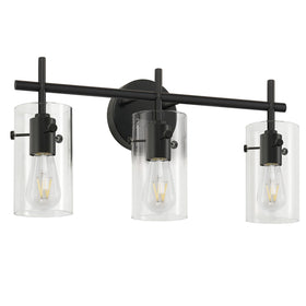 Indoi 3-light matte black vanity light, front view, adds modern style to bathrooms.