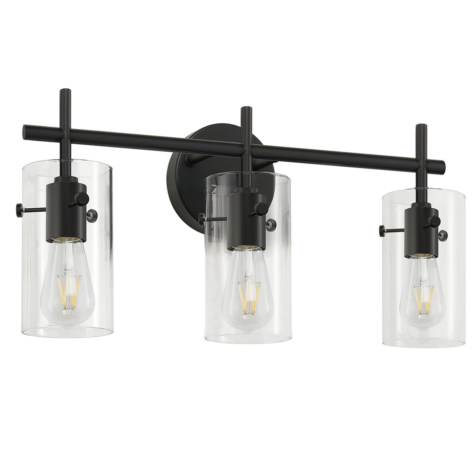 Indoi 3-light matte black vanity light, front view, adds modern style to bathrooms.