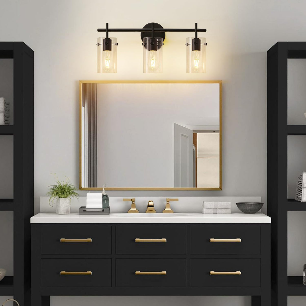 Indoi vanity light in use above mirrors, providing clear grooming lighting.