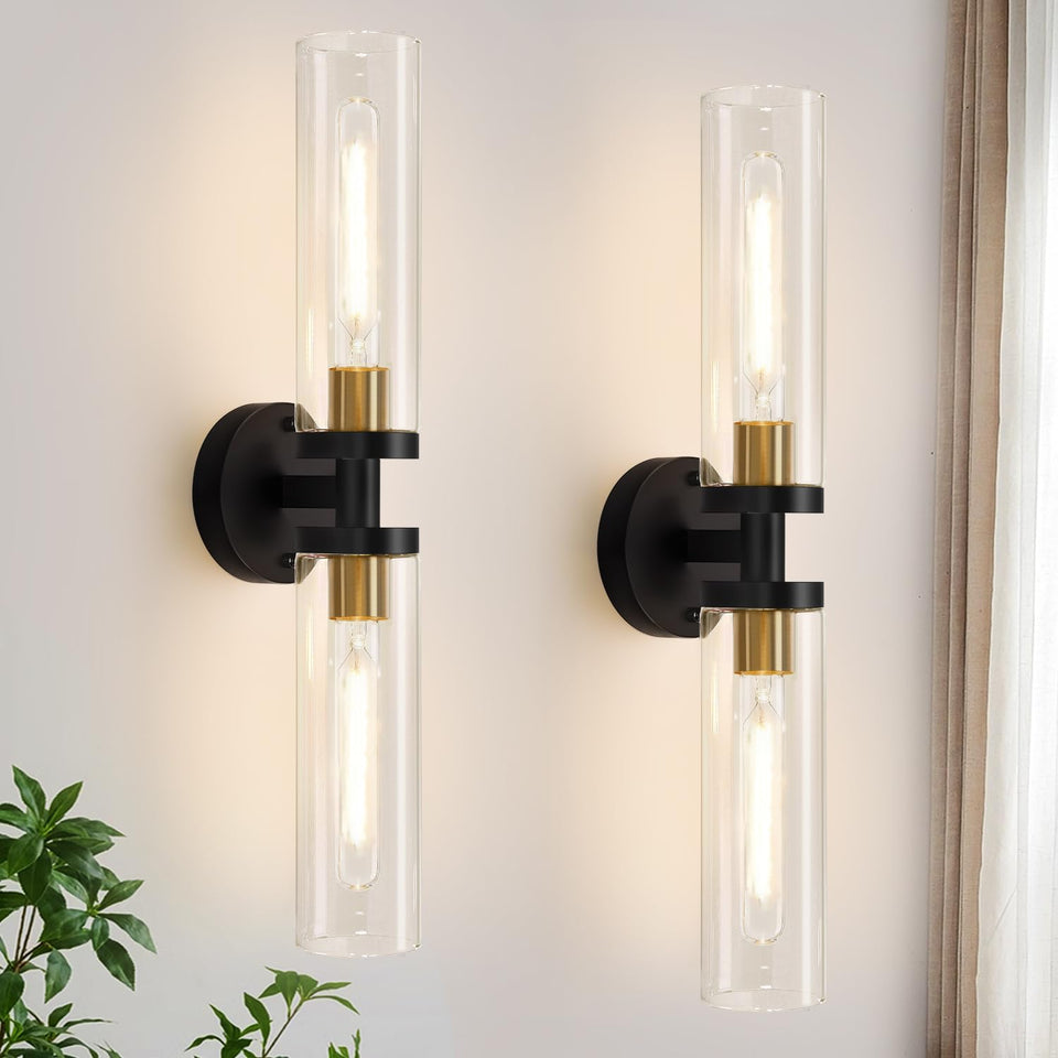 Indoi hardwired wall sconce 22in front view in black and gold for a stylish update.