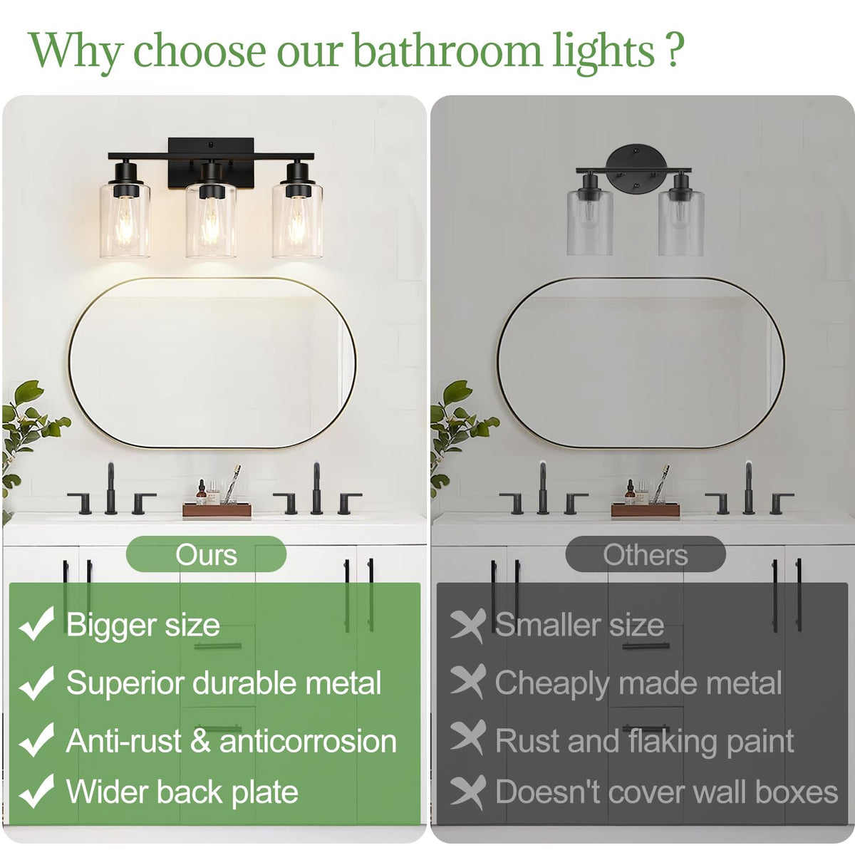 Indoi matte black vanity lights showcase clear glass shades for brighter grooming.