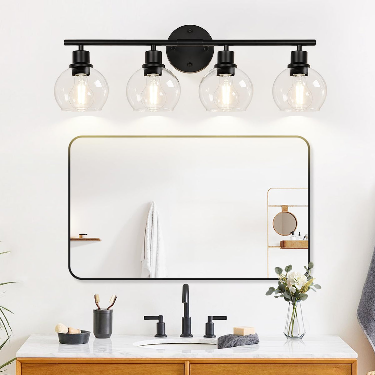Indoi modern farmhouse bathroom light complements modern and rustic styles.