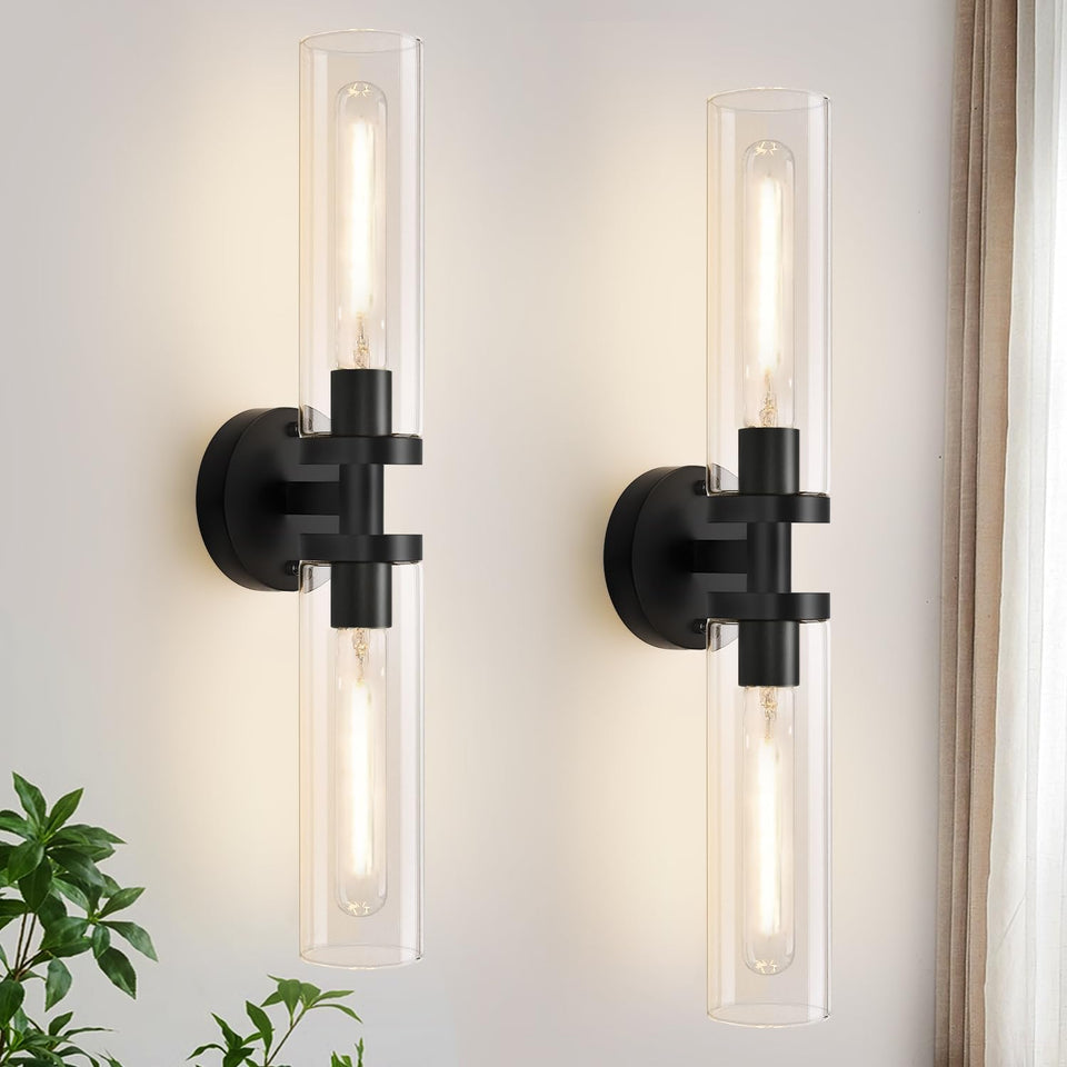 Indoi wall sconces two-pack with matte black finish and clear glass shades for versatile spaces