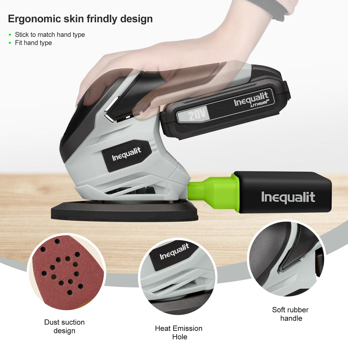 Inequalit cordless detail sander with battery pack ready for portability