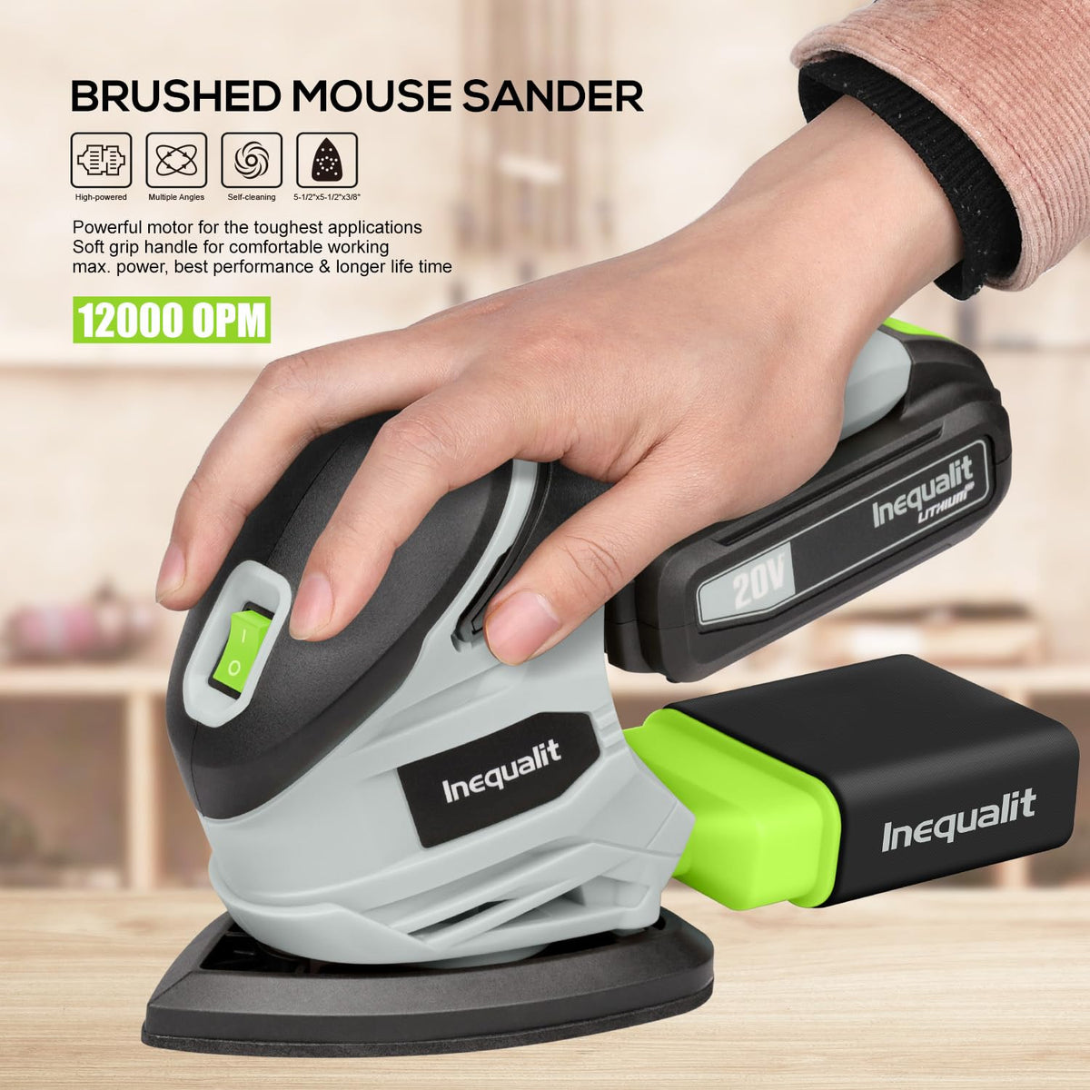 Inequalit cordless detail sander in use on wood surface for smooth finish
